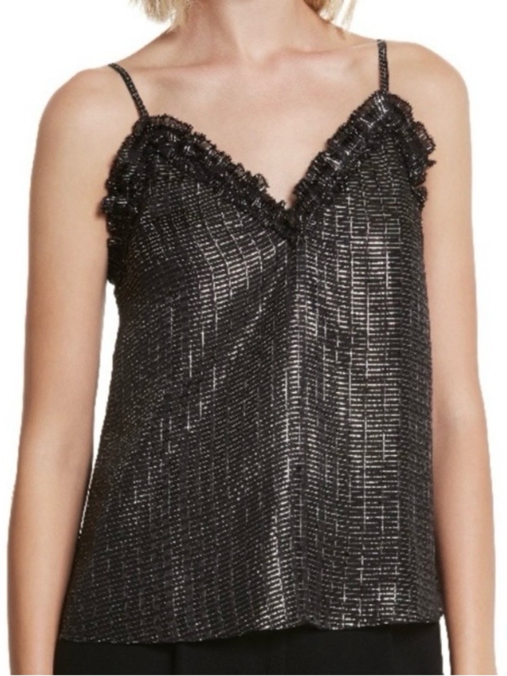Rebecca Taylor Silk V-Neck Ruffle Metallic Camisole Top, Lined Black + Silver